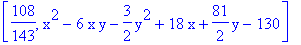 [108/143, x^2-6*x*y-3/2*y^2+18*x+81/2*y-130]